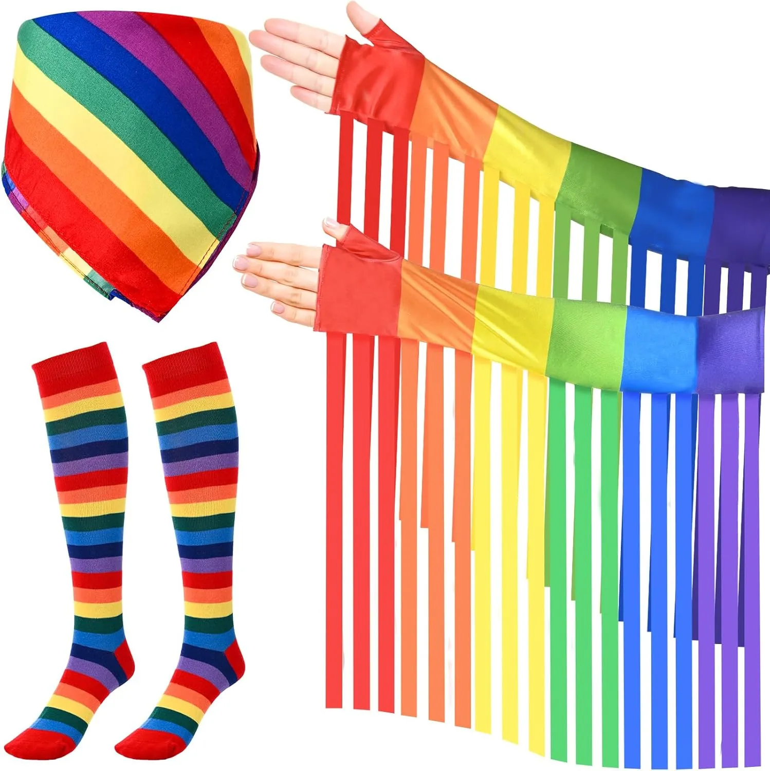 3 Pack Pride Accessories for Women Pride Rainbow Arm Warmer Rainbow Bandana Gay Day Women Over Knee Socks for Rainbow Accessories