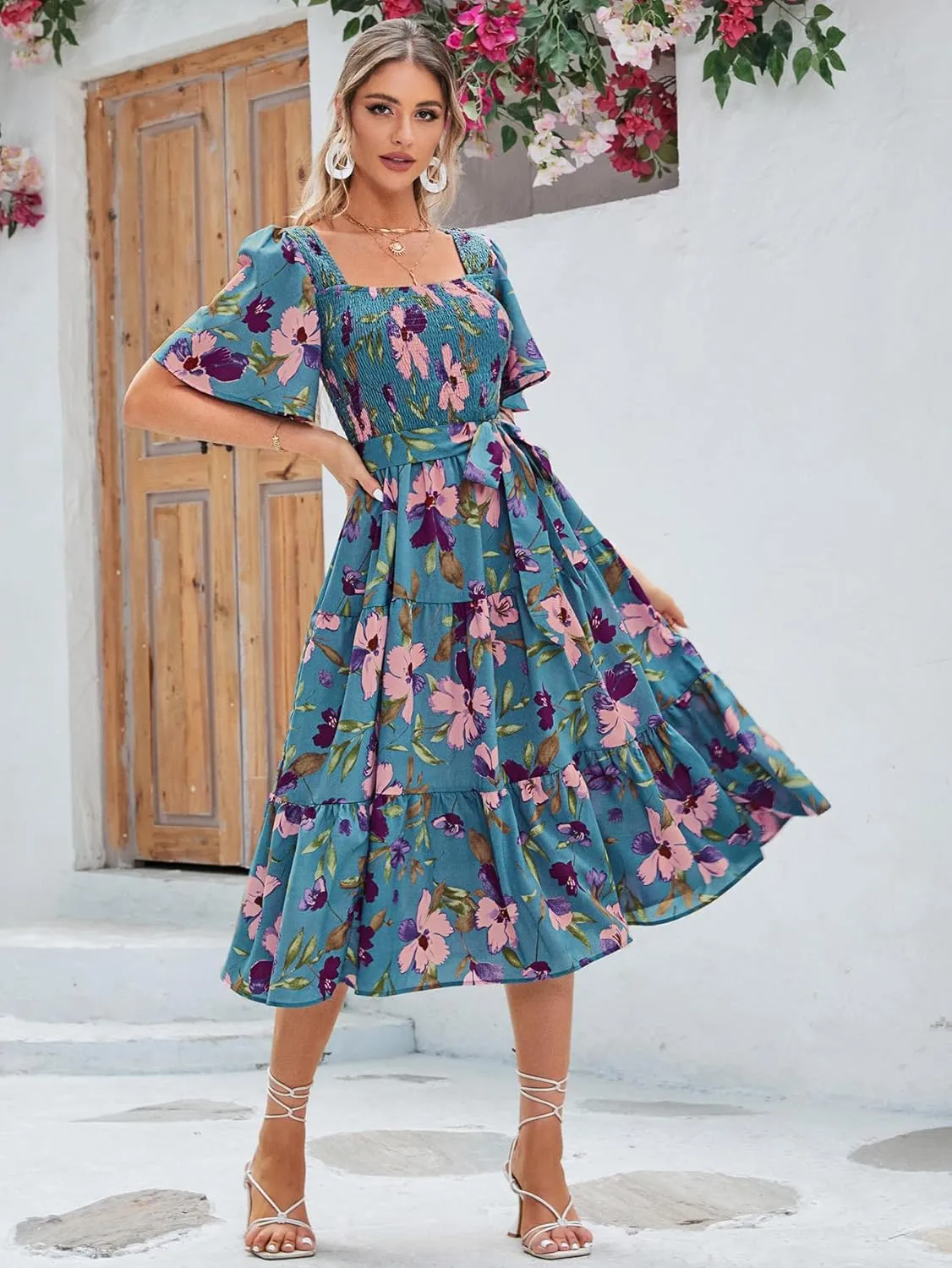 Amegoya Women's Boho Flowy Long Sleeve Square Neck Floral Midi Dress Smocked Spring Fall Wedding Guest Dresses