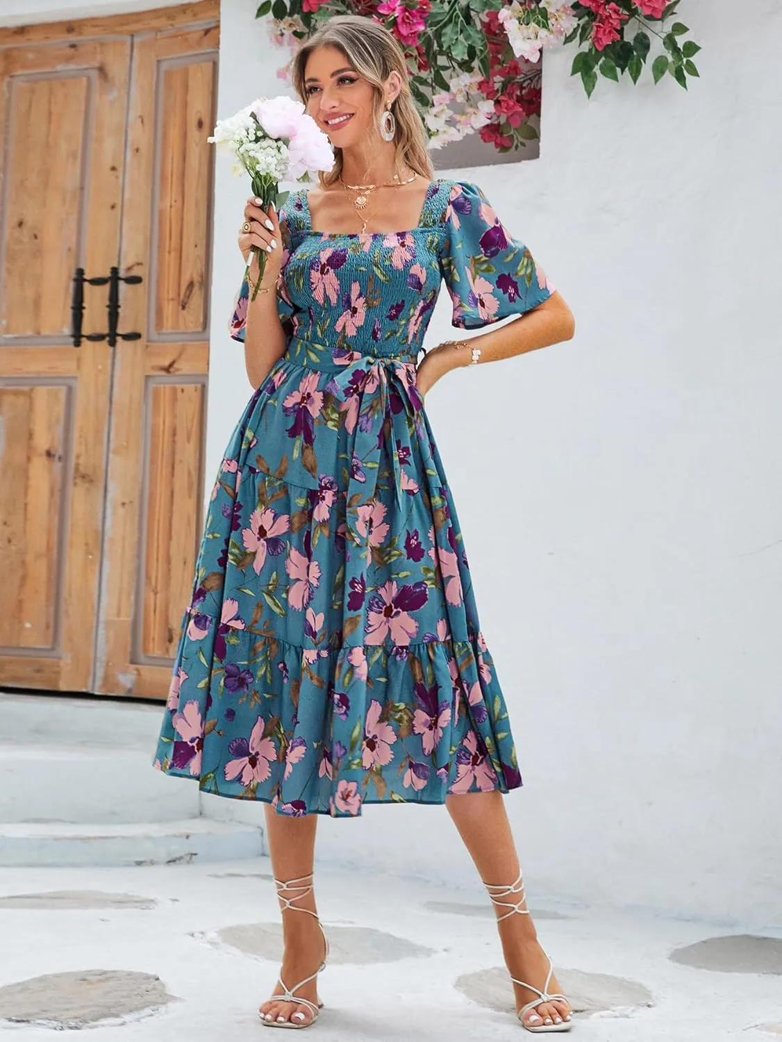 Amegoya Women's Boho Flowy Long Sleeve Square Neck Floral Midi Dress Smocked Spring Fall Wedding Guest Dresses