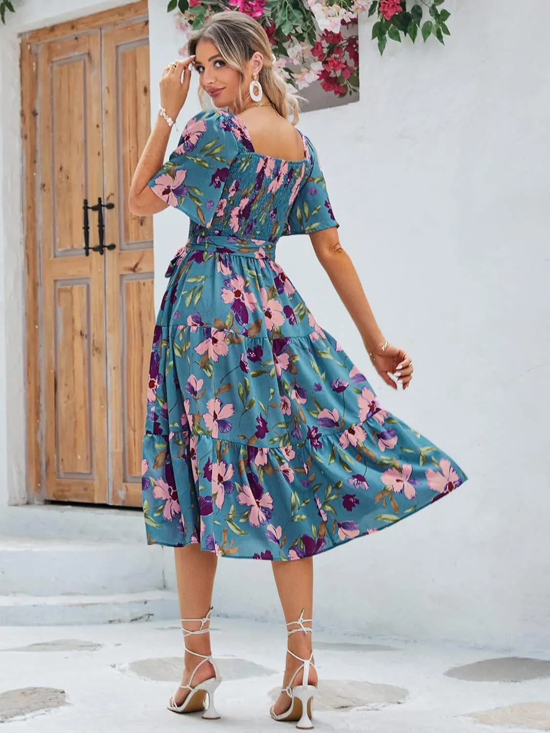 Amegoya Women's Boho Flowy Long Sleeve Square Neck Floral Midi Dress Smocked Spring Fall Wedding Guest Dresses