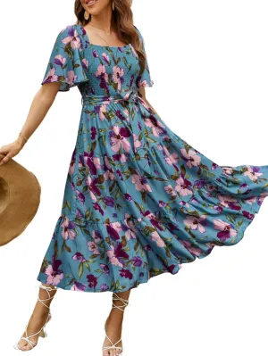 Amegoya Women's Boho Flowy Long Sleeve Square Neck Floral Midi Dress Smocked Spring Fall Wedding Guest Dresses