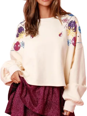 Aonoapll Women Cropped Christmas Sweatshirt Sequin Holiday Graphic Long Sleeve Sweaters Funny Xmas Crop Pullover Top