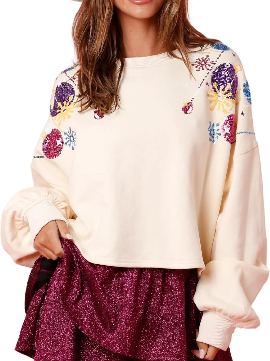Aonoapll Women Cropped Christmas Sweatshirt Sequin Holiday Graphic Long Sleeve Sweaters Funny Xmas Crop Pullover Top