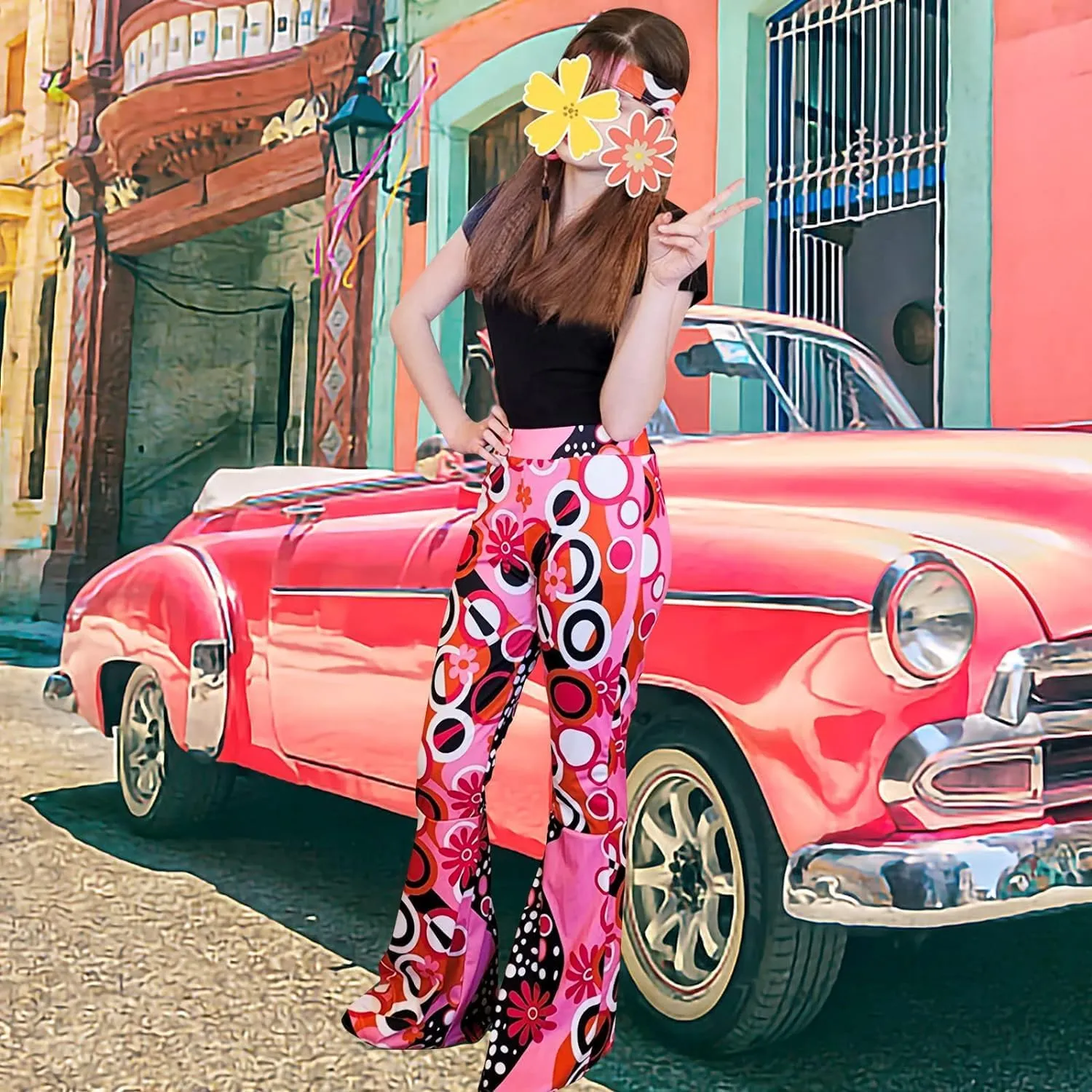 ATAMET 6 Pcs 60s 70s Hippie Costume Disco Outfits Fringe Vest Boho Bell Bottoms Peace Accessories Set Halloween for Women