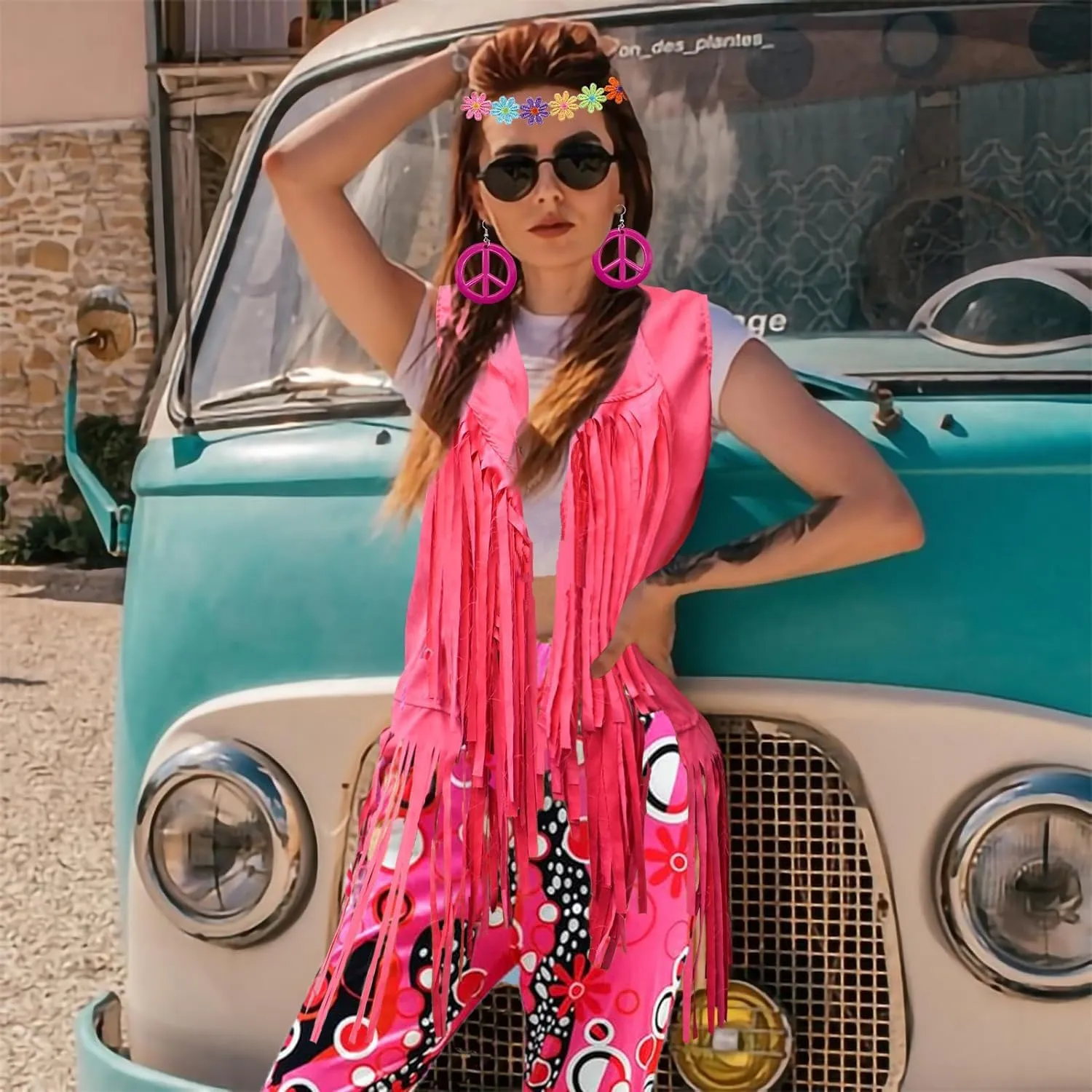 ATAMET 6 Pcs 60s 70s Hippie Costume Disco Outfits Fringe Vest Boho Bell Bottoms Peace Accessories Set Halloween for Women