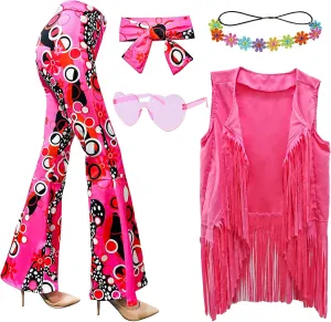 ATAMET 6 Pcs 60s 70s Hippie Costume Disco Outfits Fringe Vest Boho Bell Bottoms Peace Accessories Set Halloween for Women