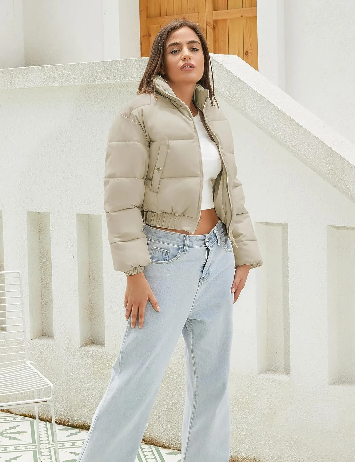 Athlisan Womens Cropped Puffer Jacket Quilted Zip UP Puffy Bubble Outerwear Coat