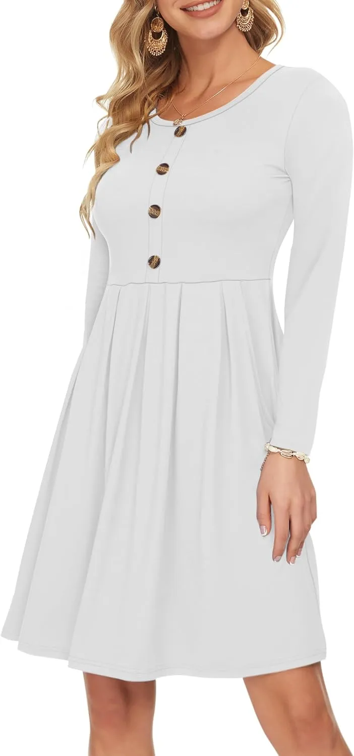 AUSELILY Women's Long Sleeve Dress Button Front Winter Pleated Solid Color Ruffle A Line Knee Length Dresses 2025 New