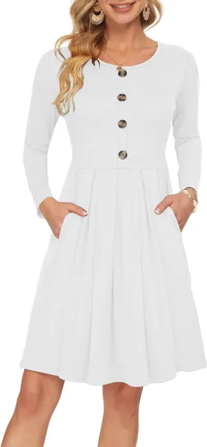 AUSELILY Women's Long Sleeve Dress Button Front Winter Pleated Solid Color Ruffle A Line Knee Length Dresses 2025 New