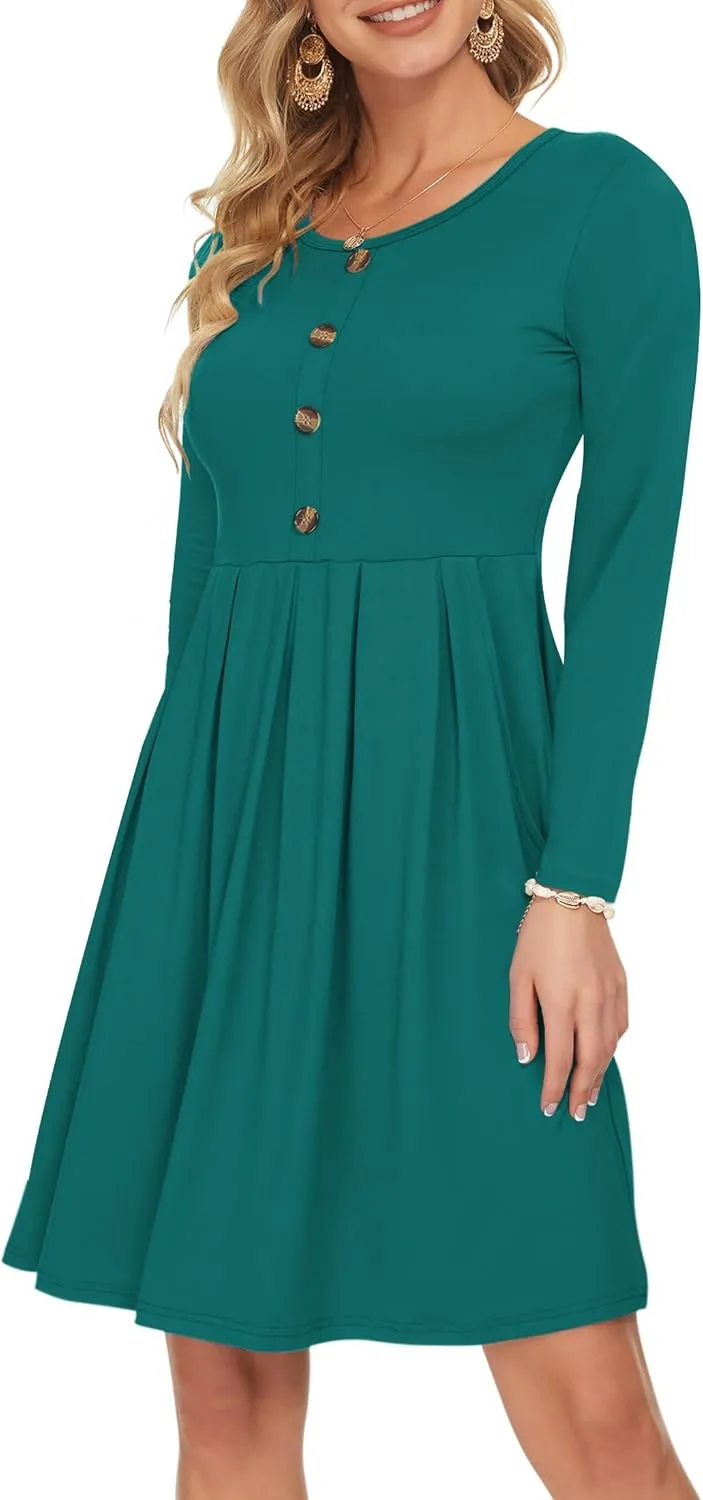 AUSELILY Women's Long Sleeve Dress Button Front Winter Pleated Solid Color Ruffle A Line Knee Length Dresses 2025 New