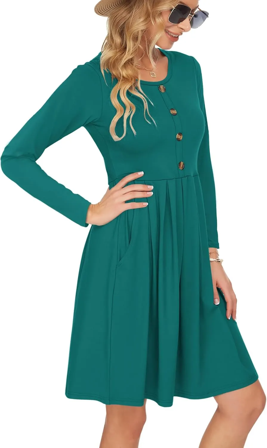 AUSELILY Women's Long Sleeve Dress Button Front Winter Pleated Solid Color Ruffle A Line Knee Length Dresses 2025 New