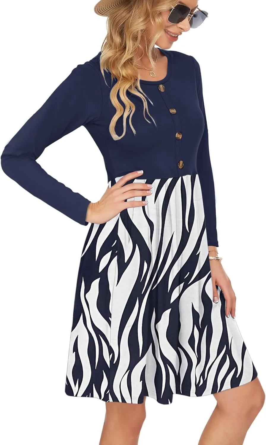 AUSELILY Women's Long Sleeve Dress Button Front Winter Pleated Solid Color Ruffle A Line Knee Length Dresses 2025 New