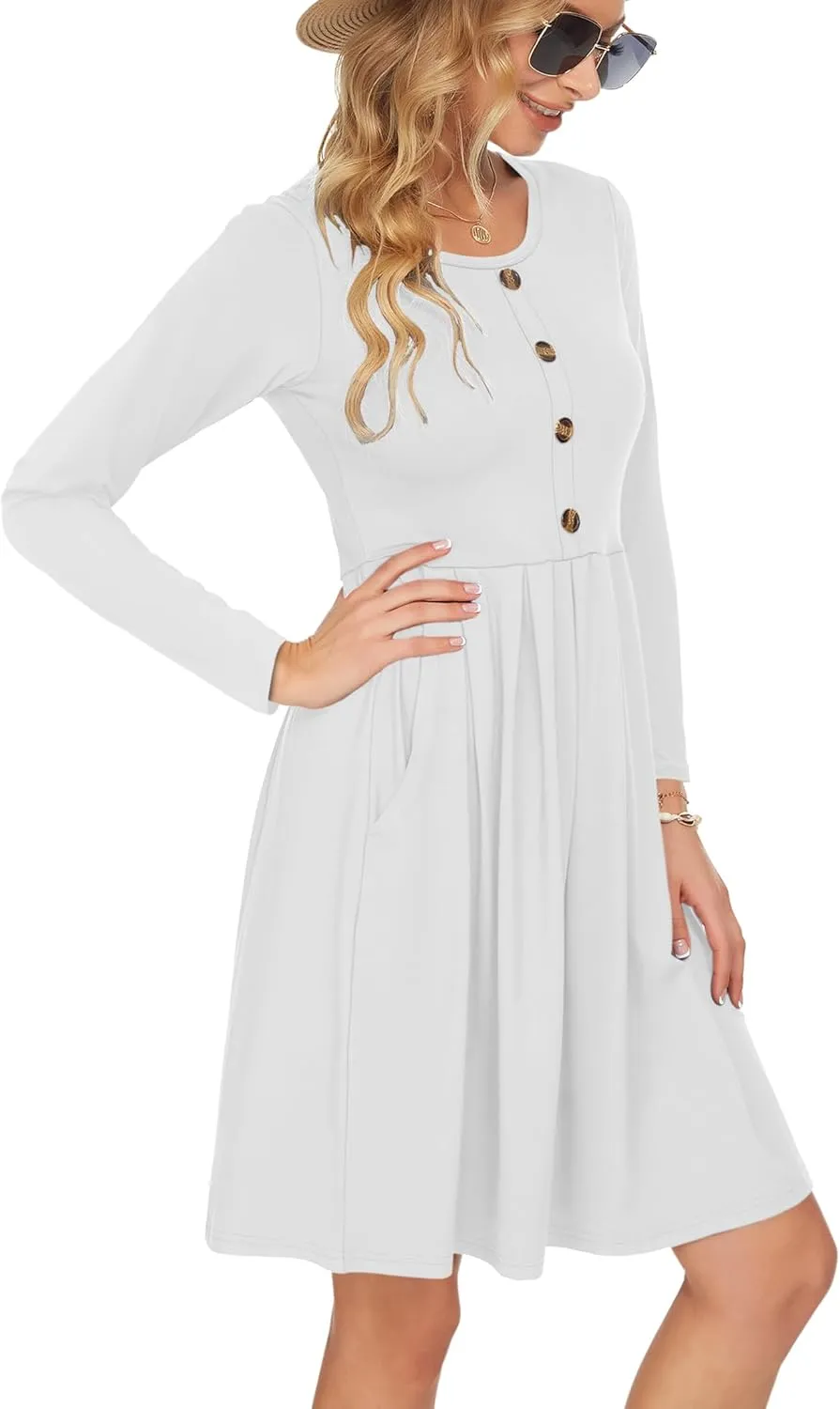 AUSELILY Women's Long Sleeve Dress Button Front Winter Pleated Solid Color Ruffle A Line Knee Length Dresses 2025 New