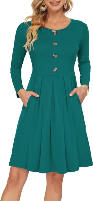 AUSELILY Women's Long Sleeve Dress Button Front Winter Pleated Solid Color Ruffle A Line Knee Length Dresses 2025 New