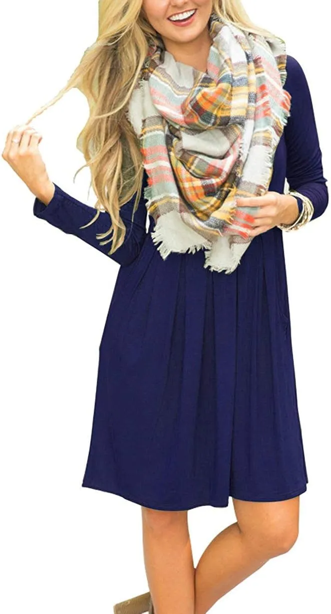 AUSELILY Women's Long Sleeve Dress Pleated Loose Swing Casual Dress with Pockets Knee Length Dresses 2025 New