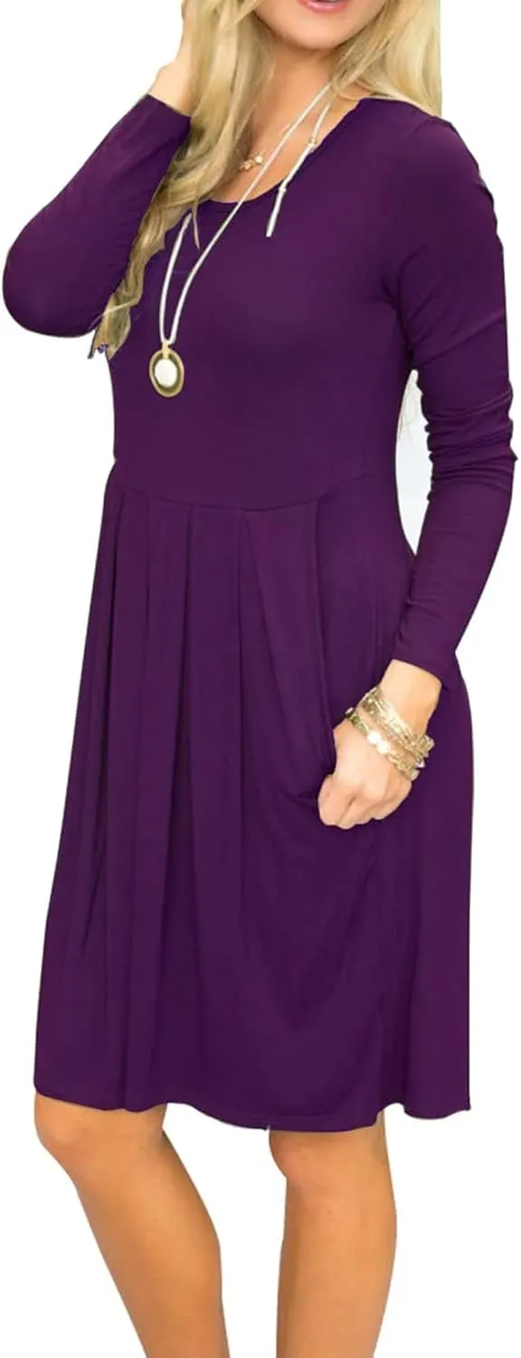 AUSELILY Women's Long Sleeve Dress Pleated Loose Swing Casual Dress with Pockets Knee Length Dresses 2025 New