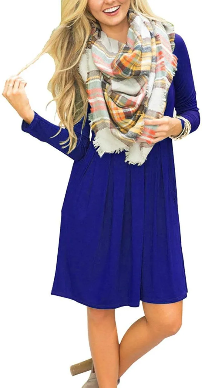 AUSELILY Women's Long Sleeve Dress Pleated Loose Swing Casual Dress with Pockets Knee Length Dresses 2025 New