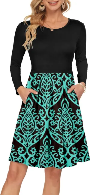 AUSELILY Women's Long Sleeve Dress Pleated Loose Swing Casual Dress with Pockets Knee Length Dresses 2025 New