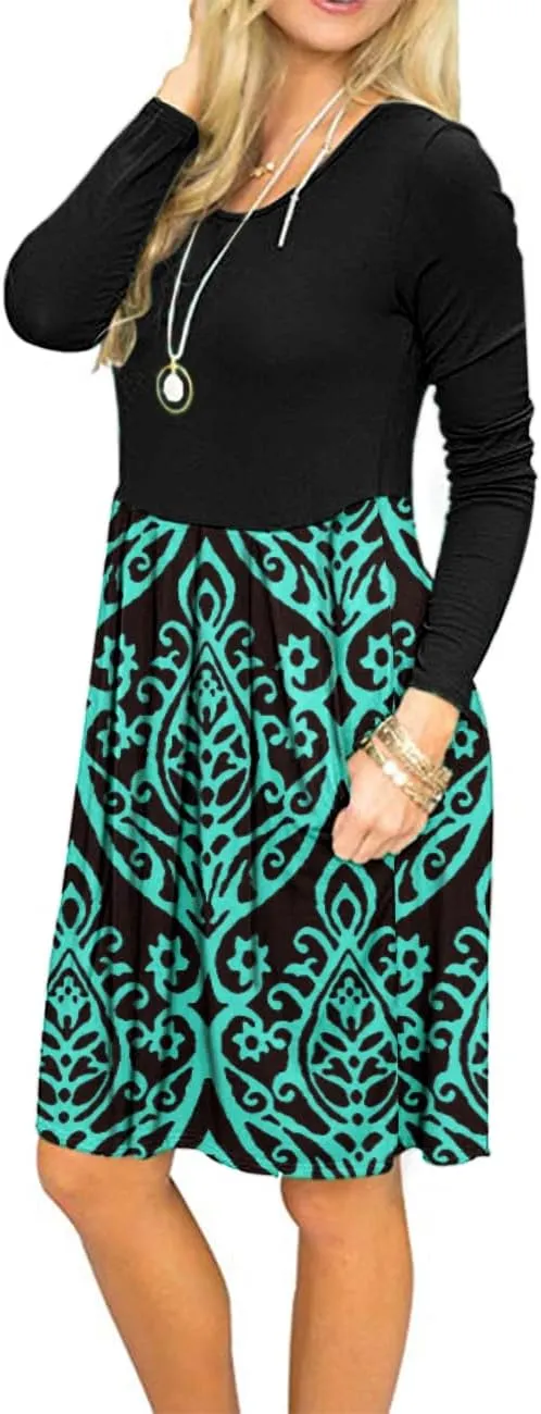 AUSELILY Women's Long Sleeve Dress Pleated Loose Swing Casual Dress with Pockets Knee Length Dresses 2025 New
