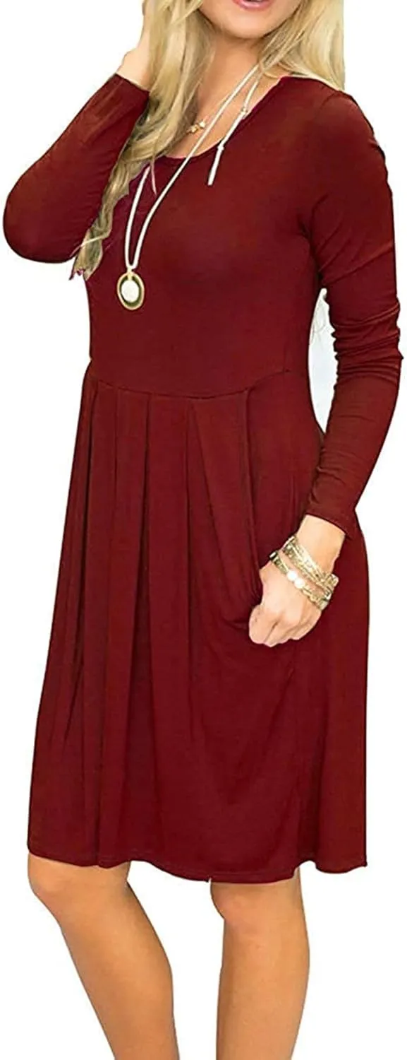 AUSELILY Women's Long Sleeve Dress Pleated Loose Swing Casual Dress with Pockets Knee Length Dresses 2025 New