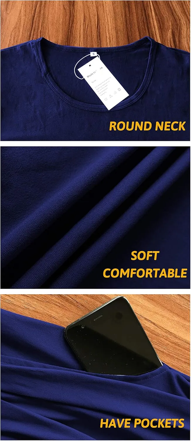 AUSELILY Women's Long Sleeve Dress Pleated Loose Swing Casual Dress with Pockets Knee Length Dresses 2025 New