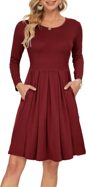 AUSELILY Women's Long Sleeve Dress Pleated Loose Swing Casual Dress with Pockets Knee Length Dresses 2025 New