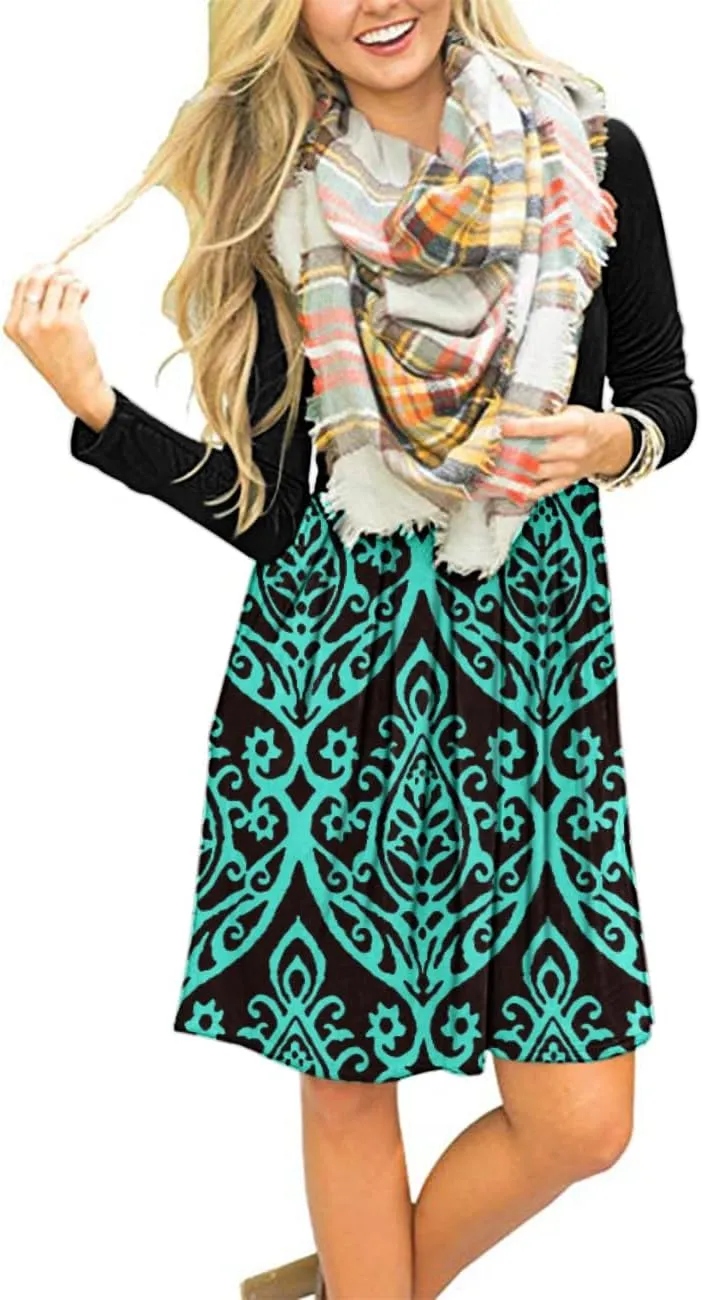 AUSELILY Women's Long Sleeve Dress Pleated Loose Swing Casual Dress with Pockets Knee Length Dresses 2025 New