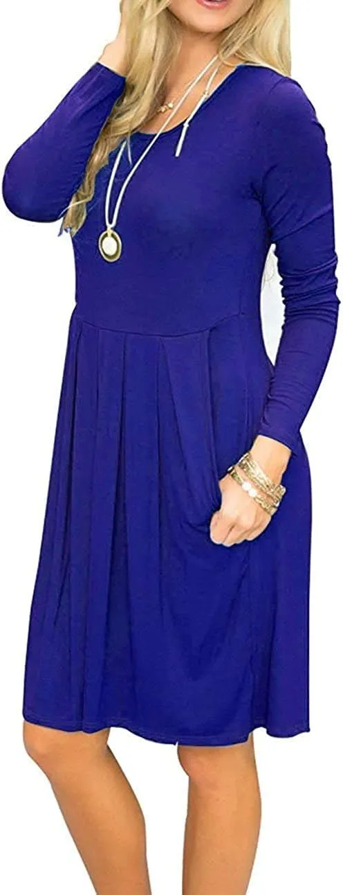 AUSELILY Women's Long Sleeve Dress Pleated Loose Swing Casual Dress with Pockets Knee Length Dresses 2025 New