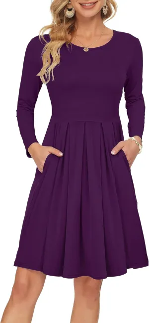 AUSELILY Women's Long Sleeve Dress Pleated Loose Swing Casual Dress with Pockets Knee Length Dresses 2025 New
