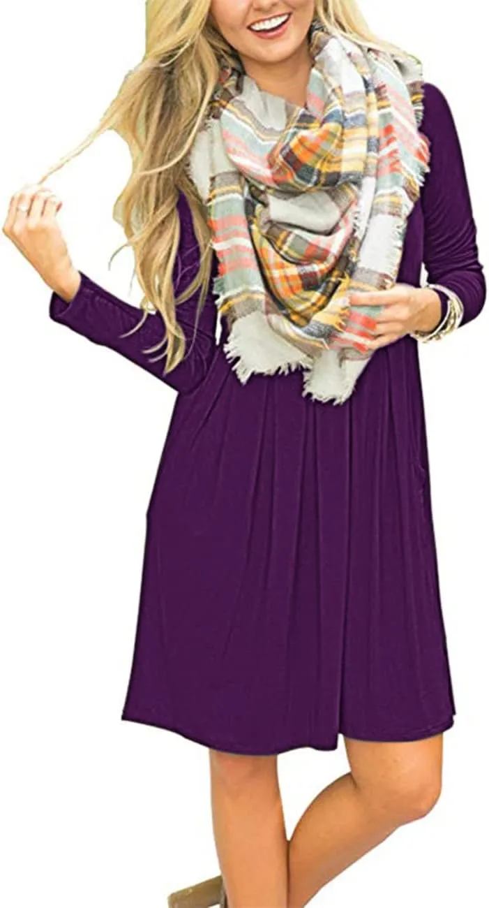 AUSELILY Women's Long Sleeve Dress Pleated Loose Swing Casual Dress with Pockets Knee Length Dresses 2025 New