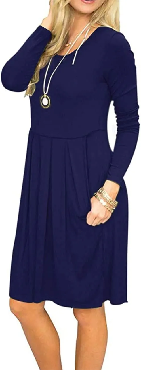 AUSELILY Women's Long Sleeve Dress Pleated Loose Swing Casual Dress with Pockets Knee Length Dresses 2025 New