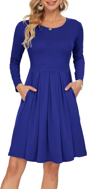 AUSELILY Women's Long Sleeve Dress Pleated Loose Swing Casual Dress with Pockets Knee Length Dresses 2025 New
