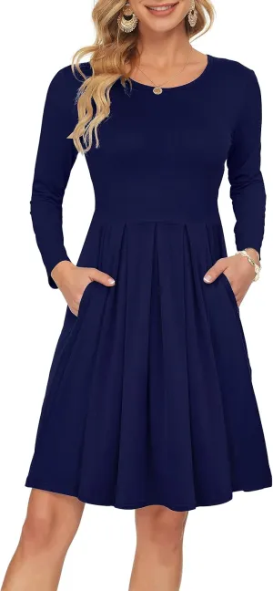 AUSELILY Women's Long Sleeve Dress Pleated Loose Swing Casual Dress with Pockets Knee Length Dresses 2025 New