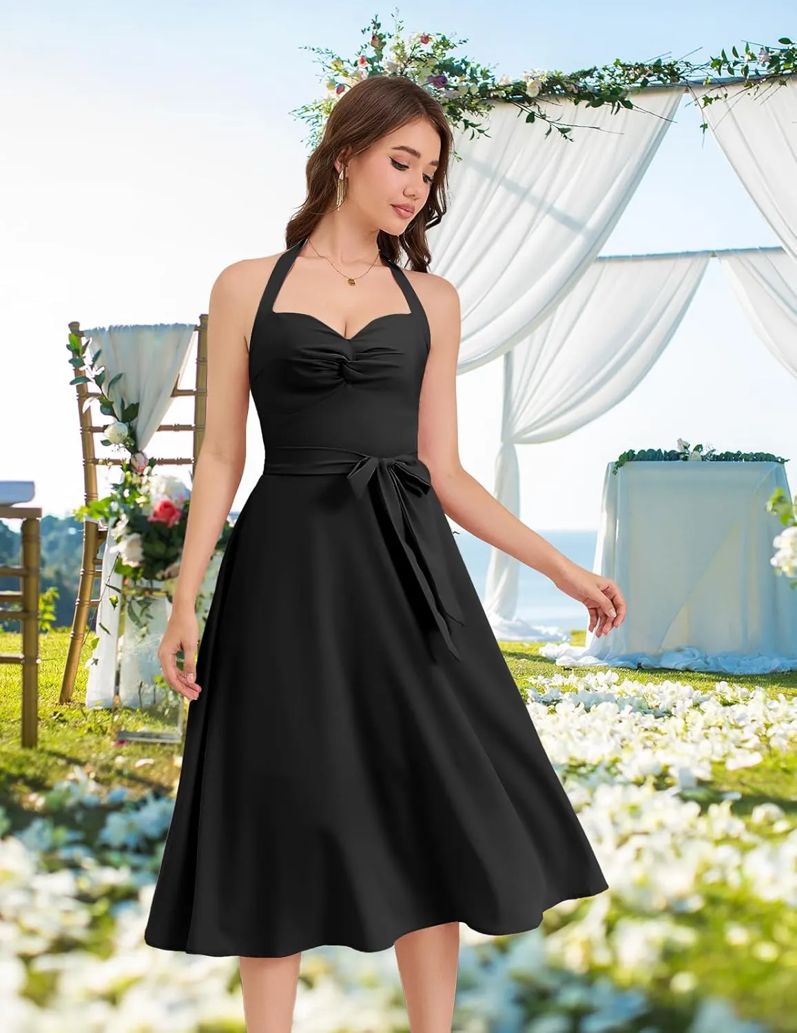 Bbonlinedress Halter Cocktail Vintage Summer Dress 1950s Retro Prom Homecoming Midi Dress for Teens