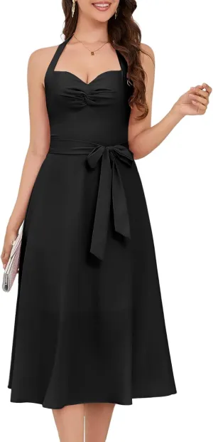 Bbonlinedress Halter Cocktail Vintage Summer Dress 1950s Retro Prom Homecoming Midi Dress for Teens