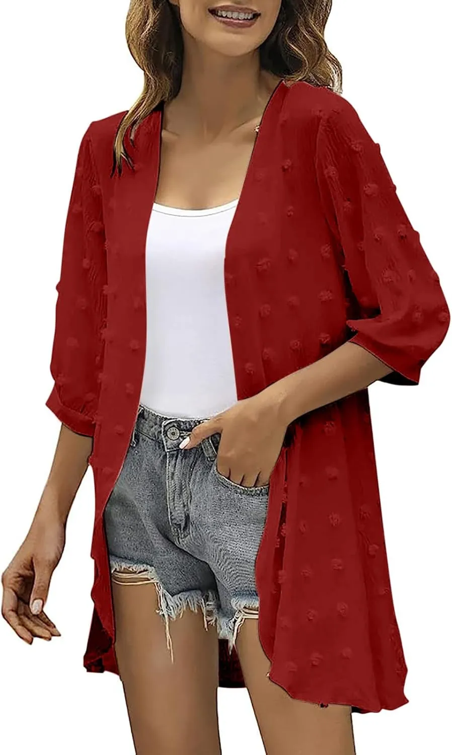 Binmer Swiss Dots Kimono Cardigan for Womens 3/4 Sleeve Lightweight Summer Chiffon Open Front Dusters Loose Beach Cover Up