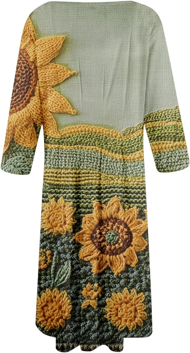 Boho Floral Dress for Women 3/4 Sleeve Summer Wrap Dress Ruched Midi Spring Flowy Vacation Dresses with Pocket