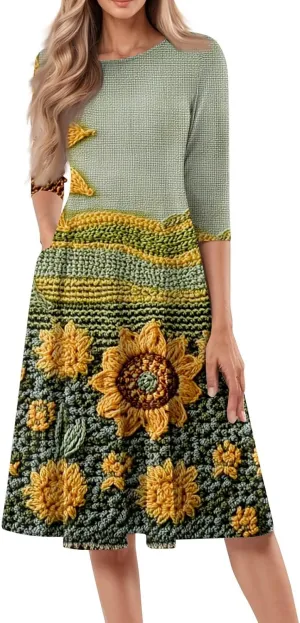 Boho Floral Dress for Women 3/4 Sleeve Summer Wrap Dress Ruched Midi Spring Flowy Vacation Dresses with Pocket
