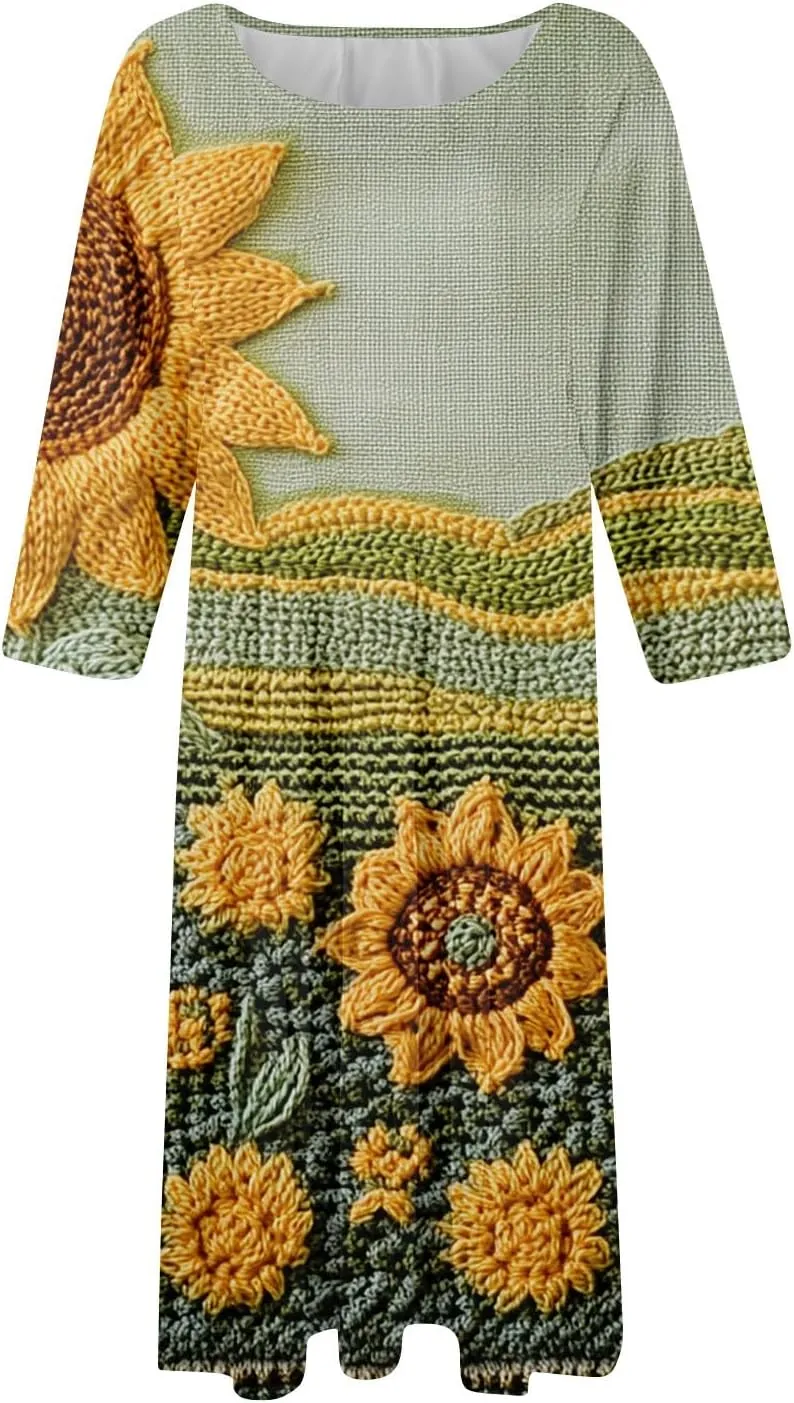 Boho Floral Dress for Women 3/4 Sleeve Summer Wrap Dress Ruched Midi Spring Flowy Vacation Dresses with Pocket