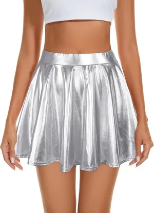 Century Star Womens Metallic Skirt Halloween Silver Shiny Flared High Waist Mini Holographic Pleated Skirts for Women