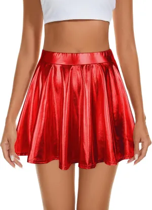 Century Star Womens Metallic Skirt Halloween Silver Shiny Flared High Waist Mini Holographic Pleated Skirts for Women