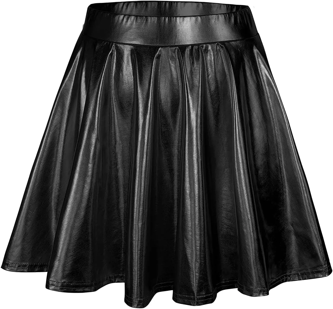 Century Star Womens Metallic Skirt Halloween Silver Shiny Flared High Waist Mini Holographic Pleated Skirts for Women
