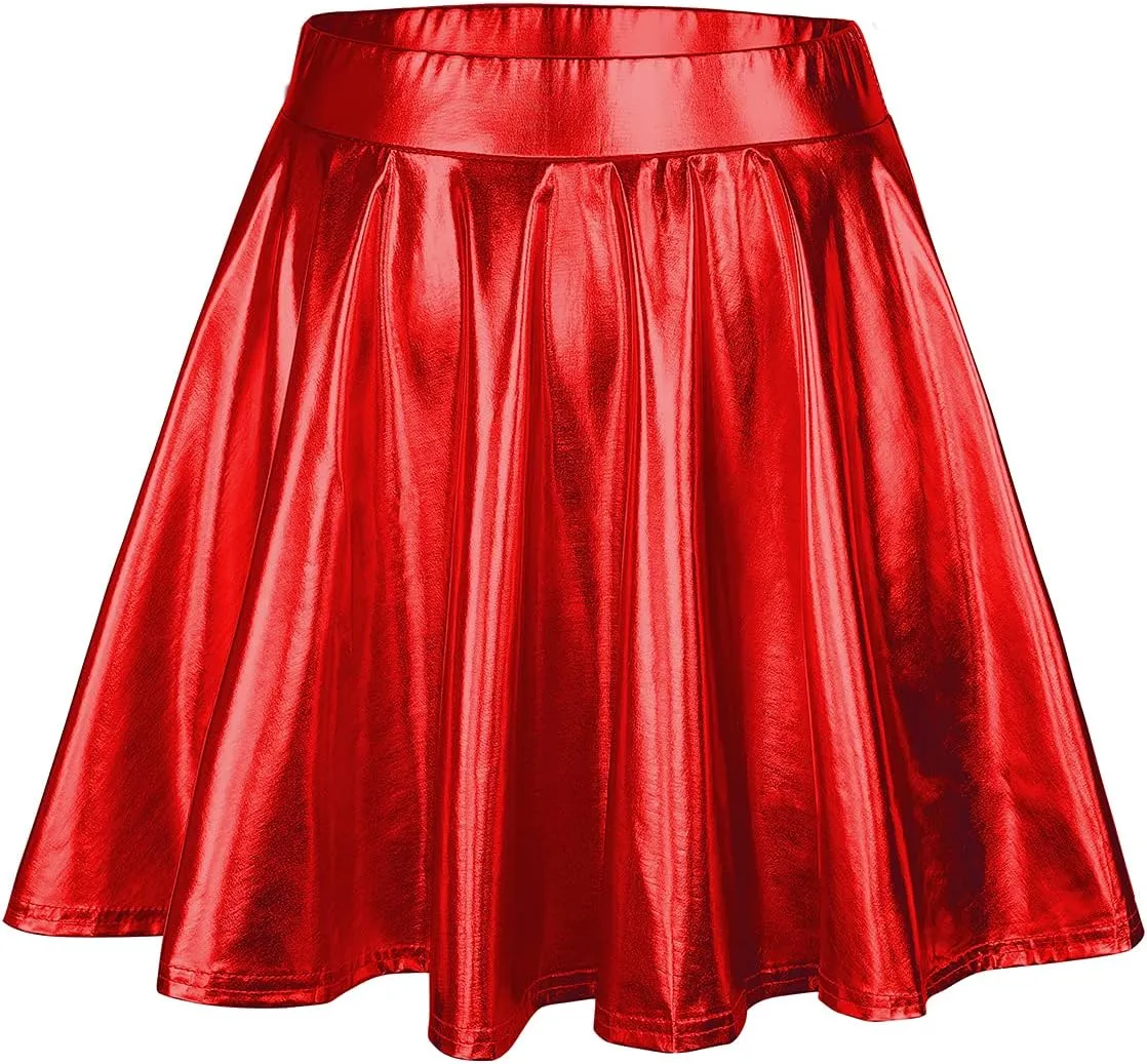 Century Star Womens Metallic Skirt Halloween Silver Shiny Flared High Waist Mini Holographic Pleated Skirts for Women