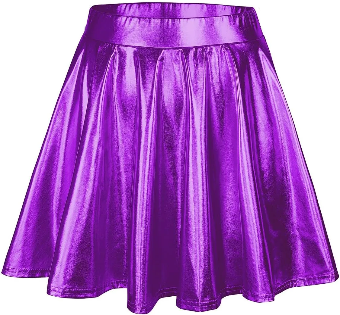 Century Star Womens Metallic Skirt Halloween Silver Shiny Flared High Waist Mini Holographic Pleated Skirts for Women