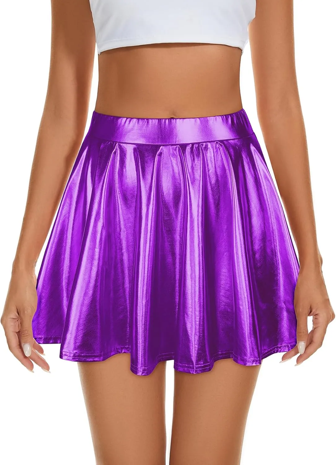 Century Star Womens Metallic Skirt Halloween Silver Shiny Flared High Waist Mini Holographic Pleated Skirts for Women