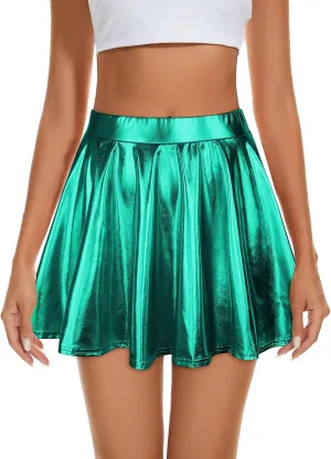 Century Star Womens Metallic Skirt Halloween Silver Shiny Flared High Waist Mini Holographic Pleated Skirts for Women
