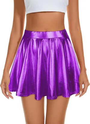 Century Star Womens Metallic Skirt Halloween Silver Shiny Flared High Waist Mini Holographic Pleated Skirts for Women