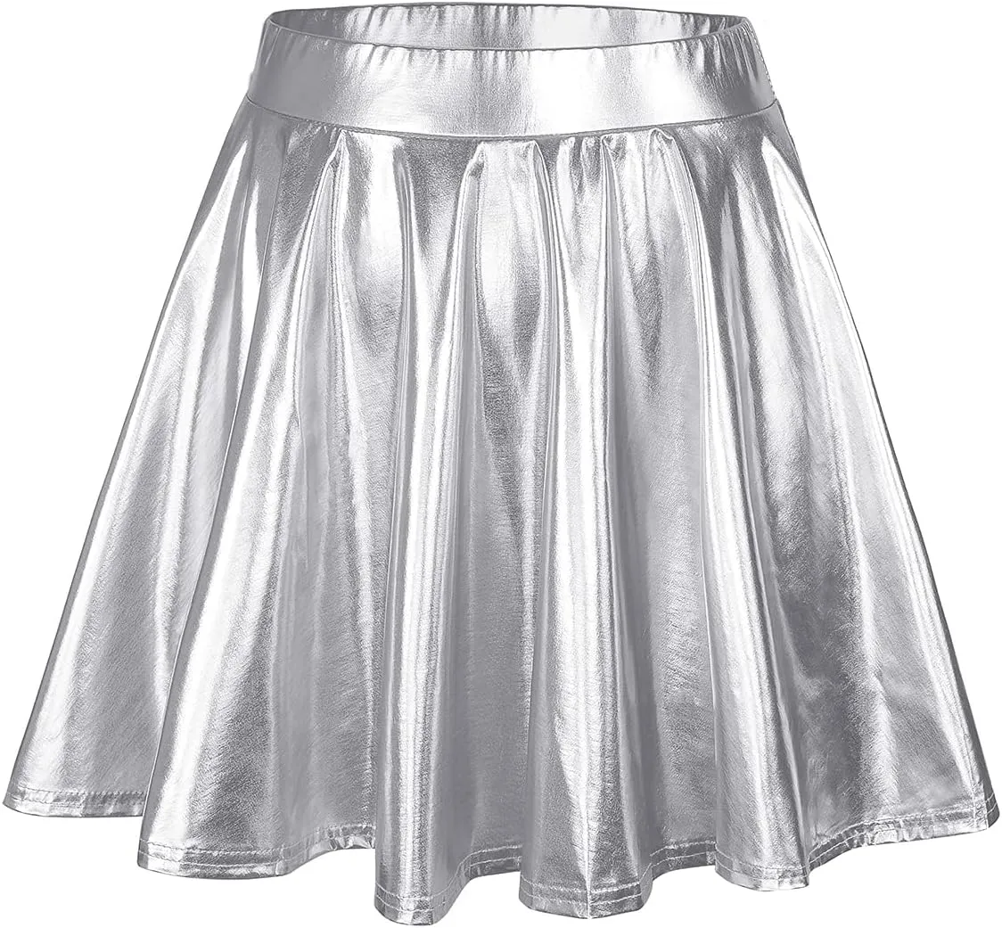 Century Star Womens Metallic Skirt Halloween Silver Shiny Flared High Waist Mini Holographic Pleated Skirts for Women