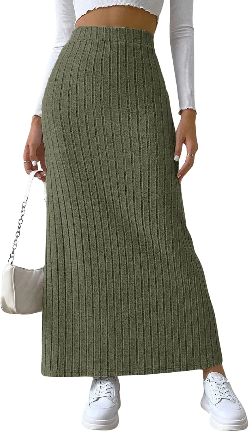 CHARTOU Women Casual Bodycon Stretchy Ribbed Knit Maxi Long Skirt Slit High Waist Pencil Skirt