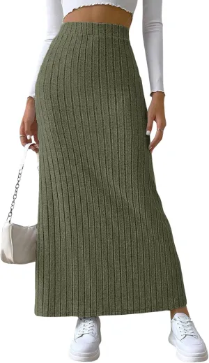 CHARTOU Women Casual Bodycon Stretchy Ribbed Knit Maxi Long Skirt Slit High Waist Pencil Skirt